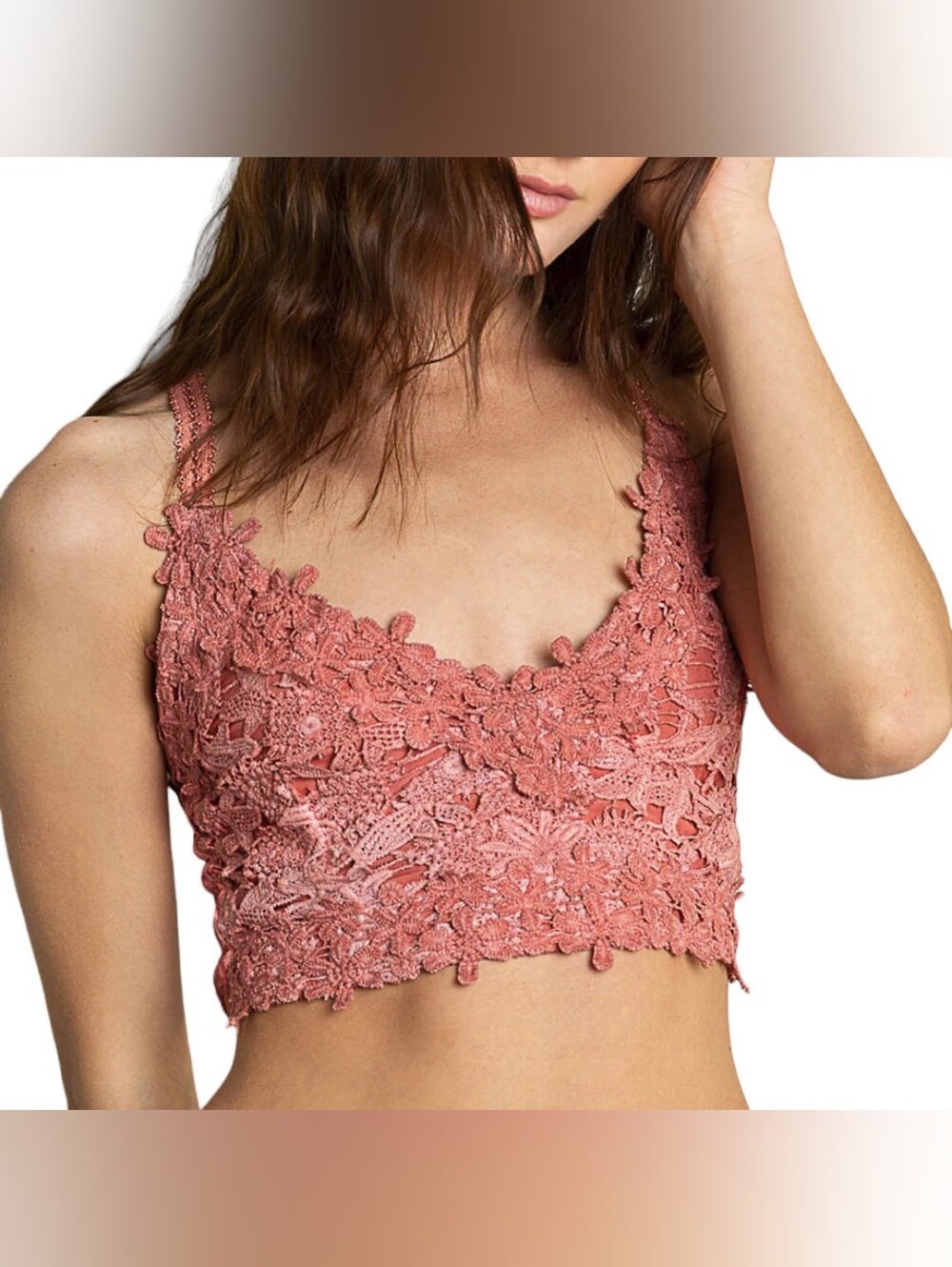 POL Clothing Lace Crop Top Bralette with Criss Cross Back - Dried Carrot
